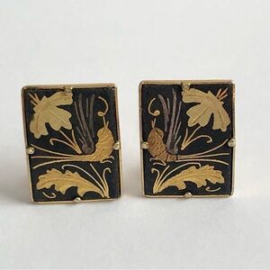 Damascene earrings with bird leaves vintage rectangle clip back